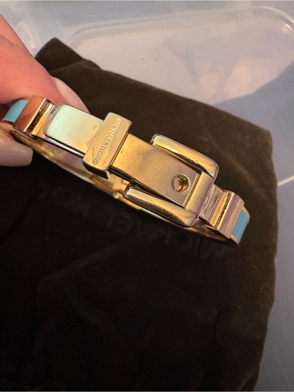 Michael Kors Gold and Blue/Turquoise Enamel Buckle Bangle and Necklace Set